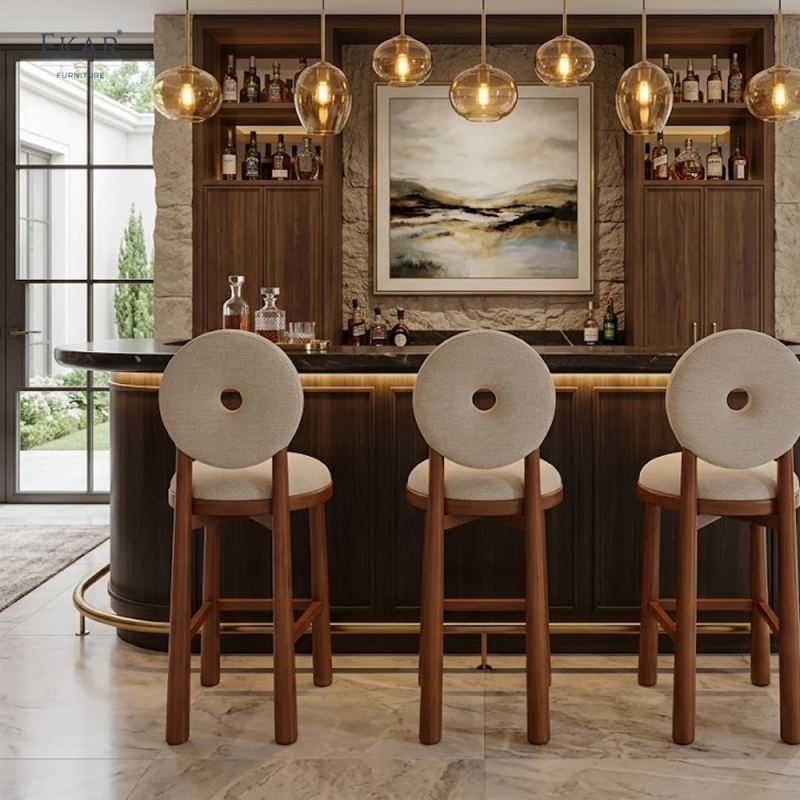 EKAR Modern Solid Wood Bar Stool - Upholstered Round Backrest Bar Chair