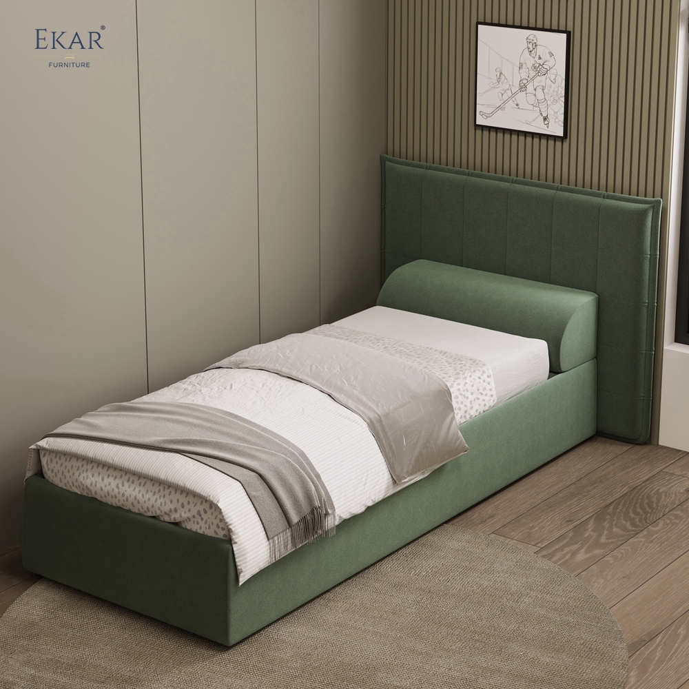 Modern Green Square-Tufted Single Bed – Upholstered Twin Bed with Bolster Pillow | EKAR Furniture