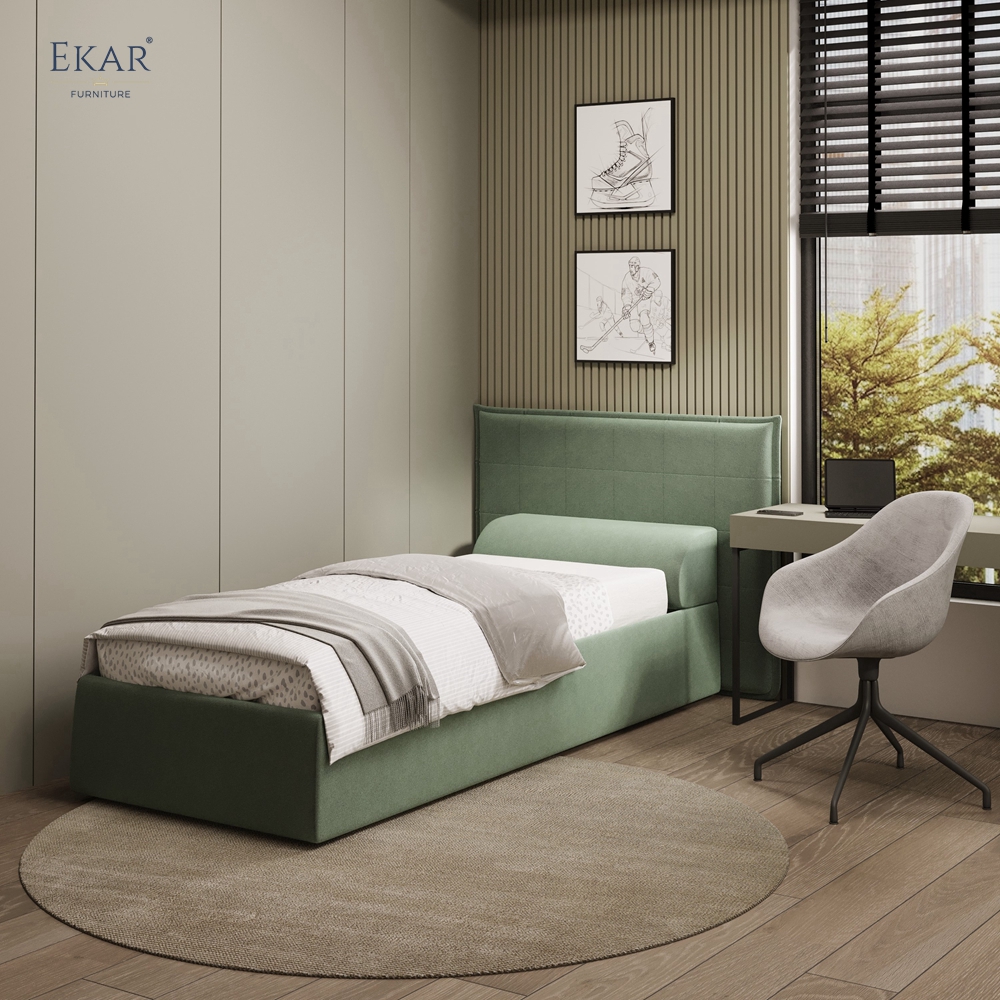 Modern Green Square-Tufted Single Bed – Upholstered Twin Bed with Bolster Pillow | EKAR Furniture