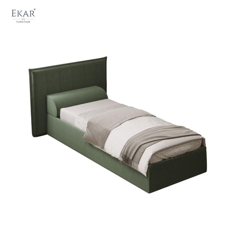 Modern Green Square-Tufted Single Bed – Upholstered Twin Bed with Bolster Pillow | EKAR Furniture