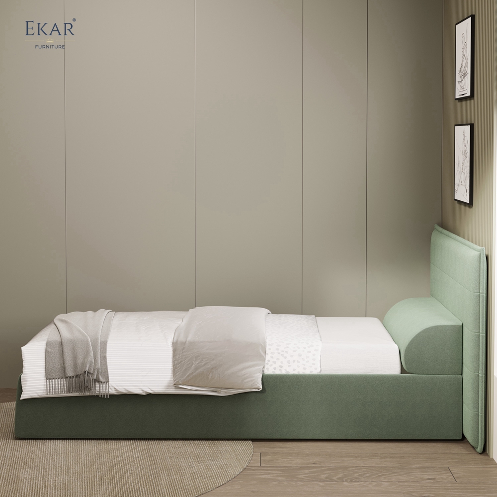 Modern Green Square-Tufted Single Bed – Upholstered Twin Bed with Bolster Pillow | EKAR Furniture