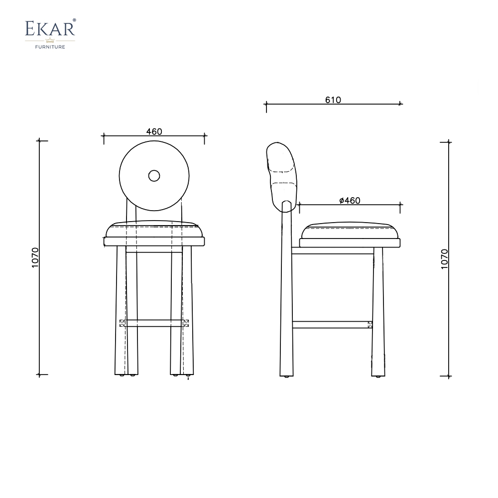 EKAR Modern Solid Wood Bar Stool - Upholstered Round Backrest Bar Chair