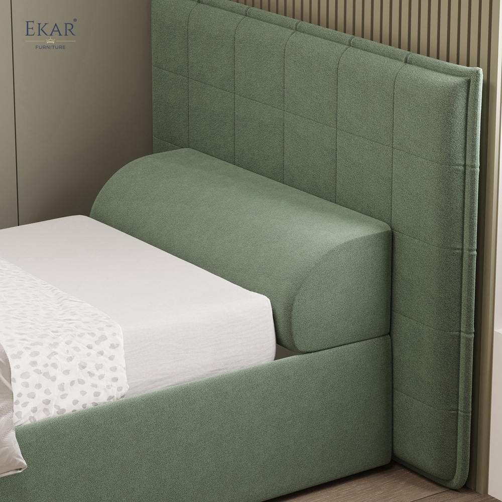 Modern Green Square-Tufted Single Bed – Upholstered Twin Bed with Bolster Pillow | EKAR Furniture