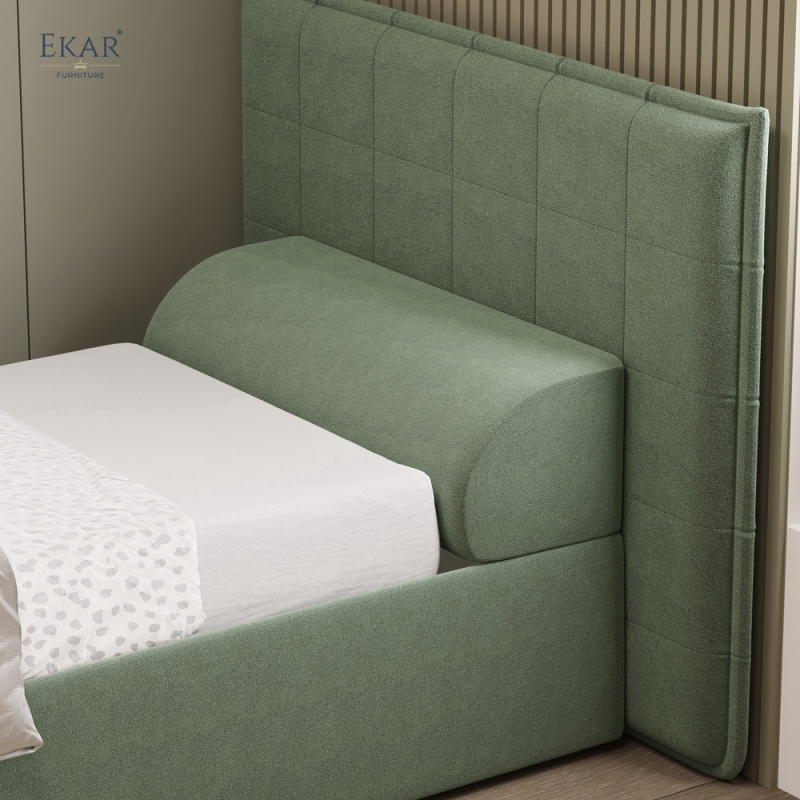 Modern Green Square-Tufted Single Bed – Upholstered Twin Bed with Bolster Pillow | EKAR Furniture