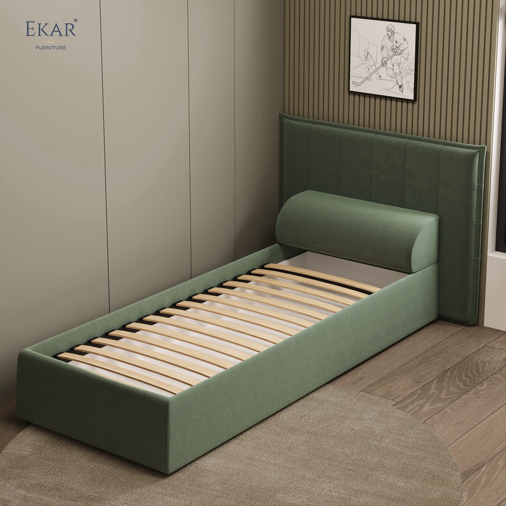 Modern Green Square-Tufted Single Bed – Upholstered Twin Bed with Bolster Pillow | EKAR Furniture