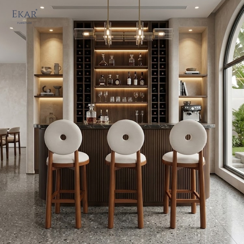 EKAR Modern Solid Wood Bar Stool - Upholstered Round Backrest Bar Chair