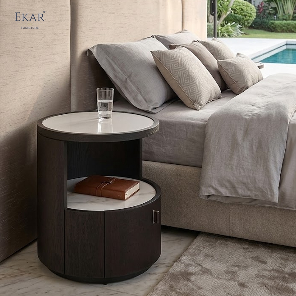 Orbit Round Marble-Top Nightstand | Modern Cylindrical Bedside Table – EKAR Furniture