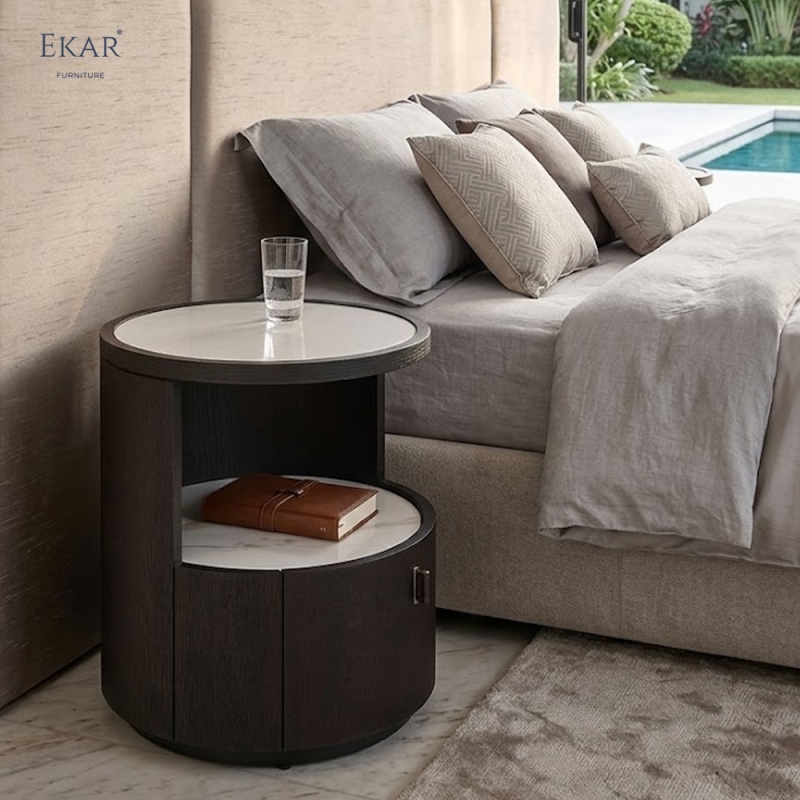 Orbit Round Marble-Top Nightstand | Modern Cylindrical Bedside Table – EKAR Furniture