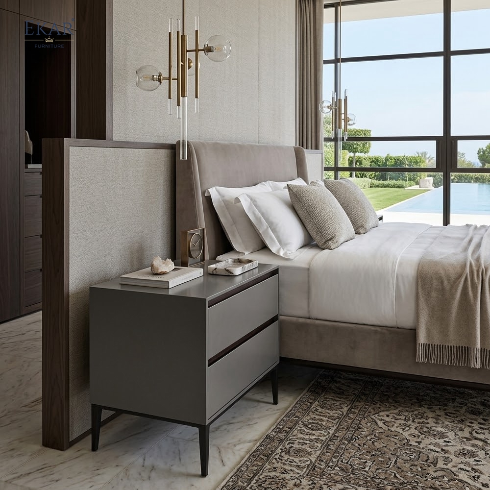 Milo Taupe Two-Drawer Nightstand | Modern Bedside Table with Tapered Legs – EKAR Furniture