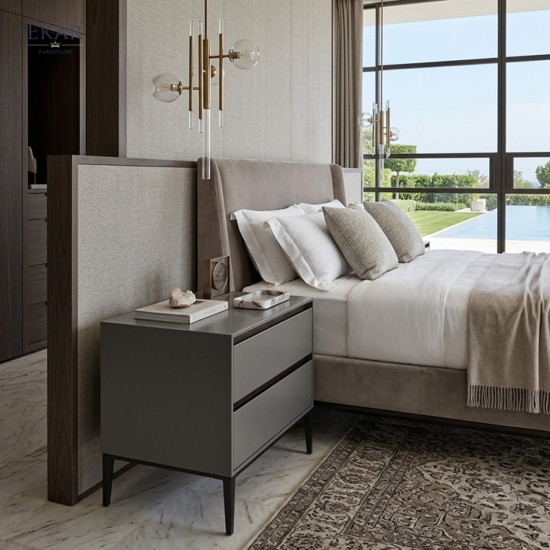 Milo Taupe Two-Drawer Nightstand | Modern Bedside Table with Tapered Legs – EKAR Furniture