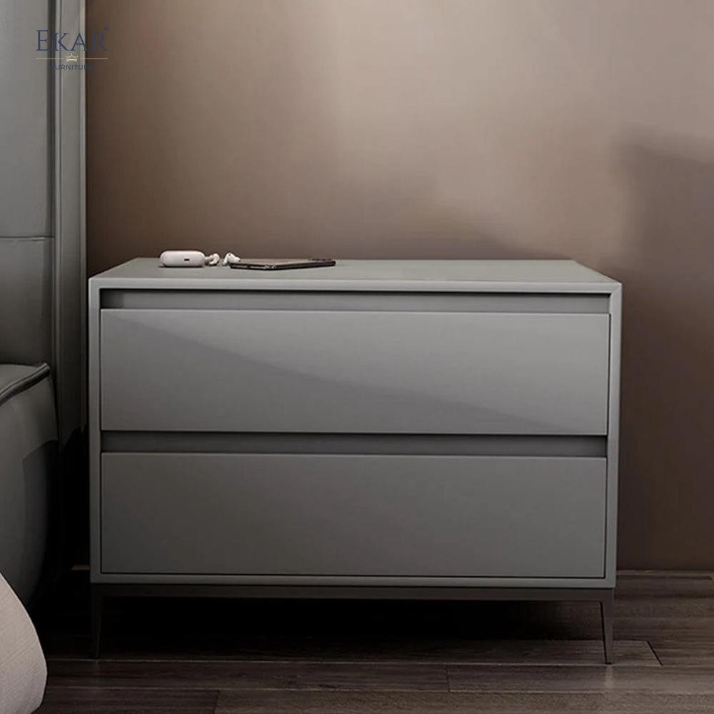 Milo Taupe Two-Drawer Nightstand | Modern Bedside Table with Tapered Legs – EKAR Furniture