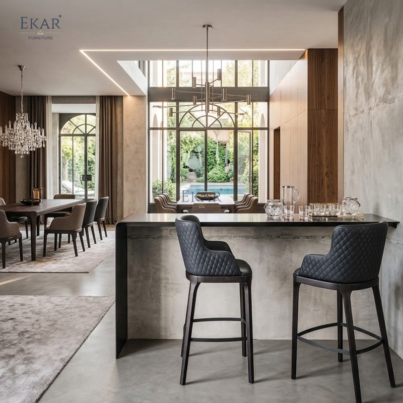 EKAR Modern Upholstered Bar Stool with Solid Wood Frame and Metal Footrest – Luxury Kitchen Island Seating