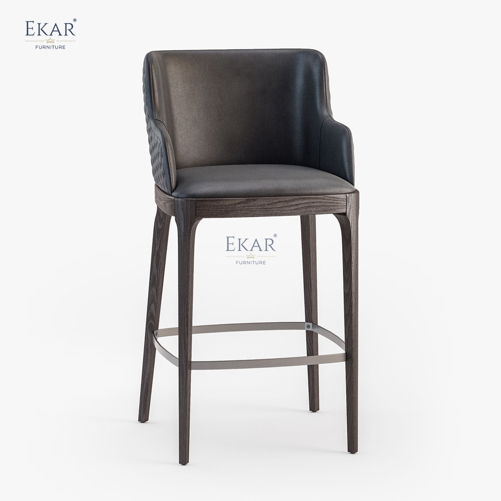 EKAR Modern Upholstered Bar Stool with Solid Wood Frame and Metal Footrest – Luxury Kitchen Island Seating