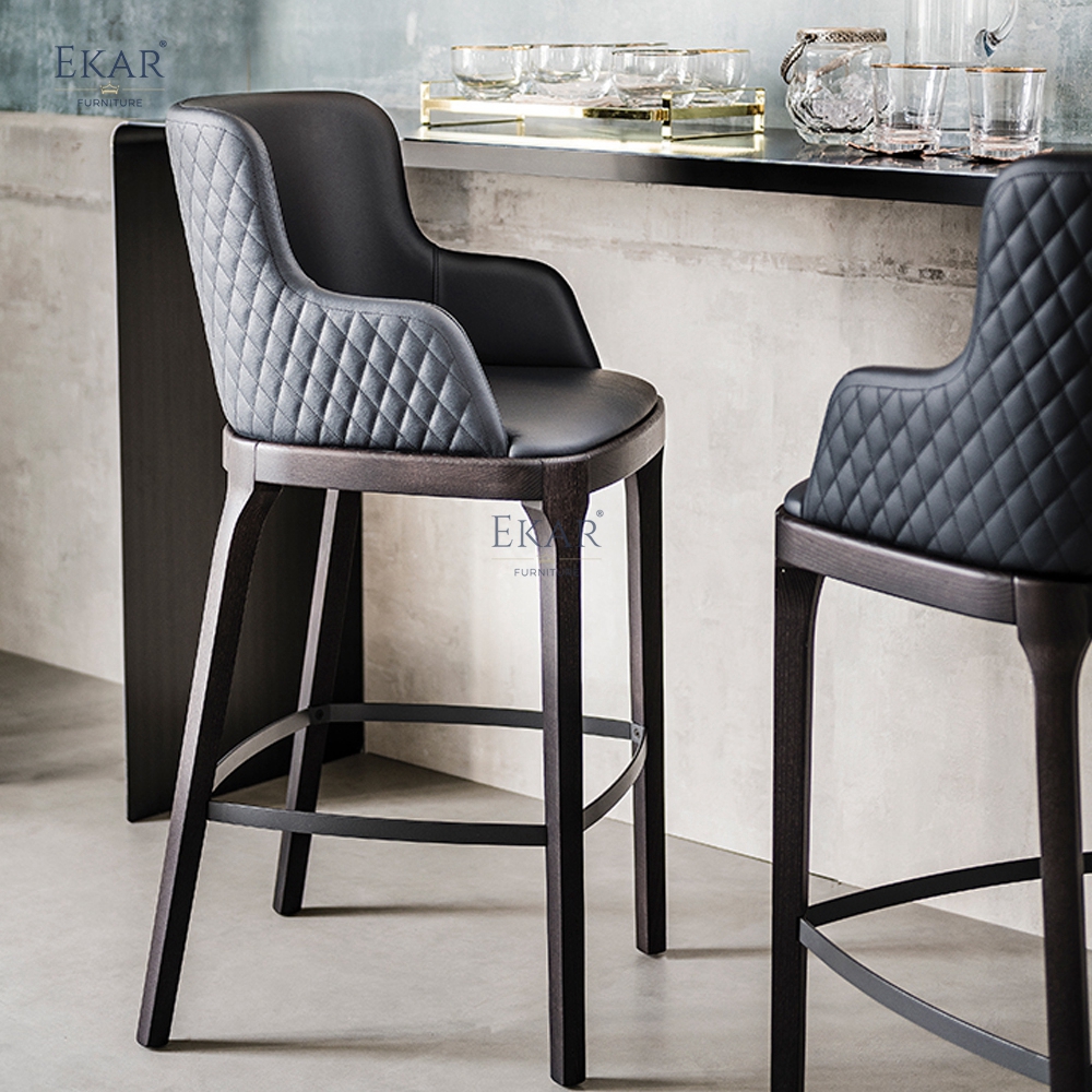 EKAR Modern Upholstered Bar Stool with Solid Wood Frame and Metal Footrest – Luxury Kitchen Island Seating