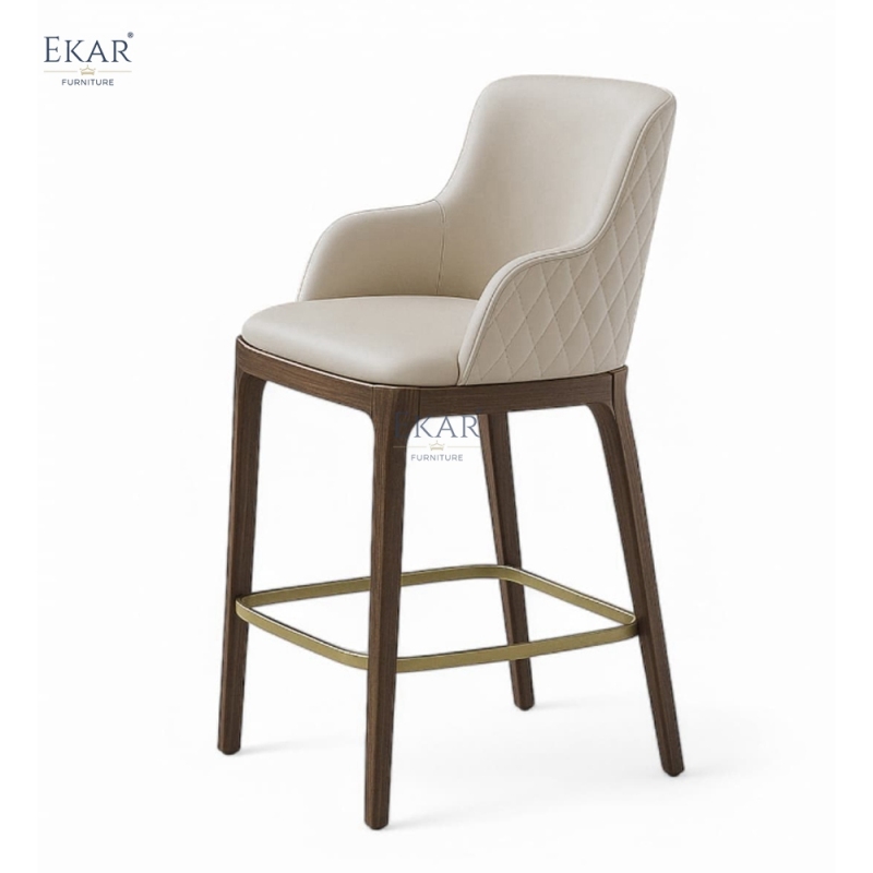 EKAR Modern Upholstered Bar Stool with Solid Wood Frame and Metal Footrest – Luxury Kitchen Island Seating