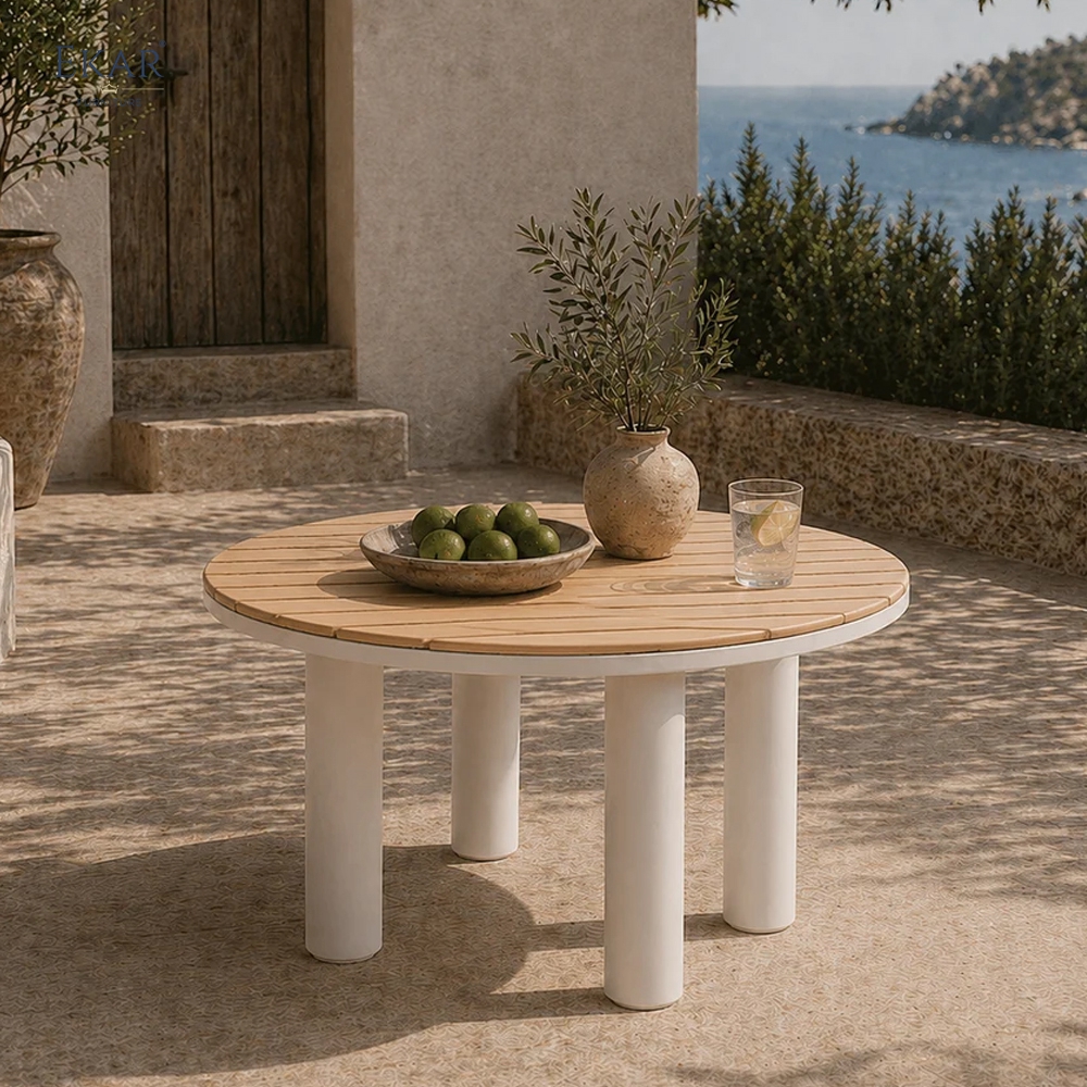 Modern Round Aluminum Outdoor Dining Table with Slatted Top | EKAR FURNITURE