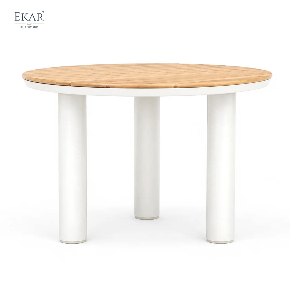 Modern Round Aluminum Outdoor Dining Table with Slatted Top | EKAR FURNITURE