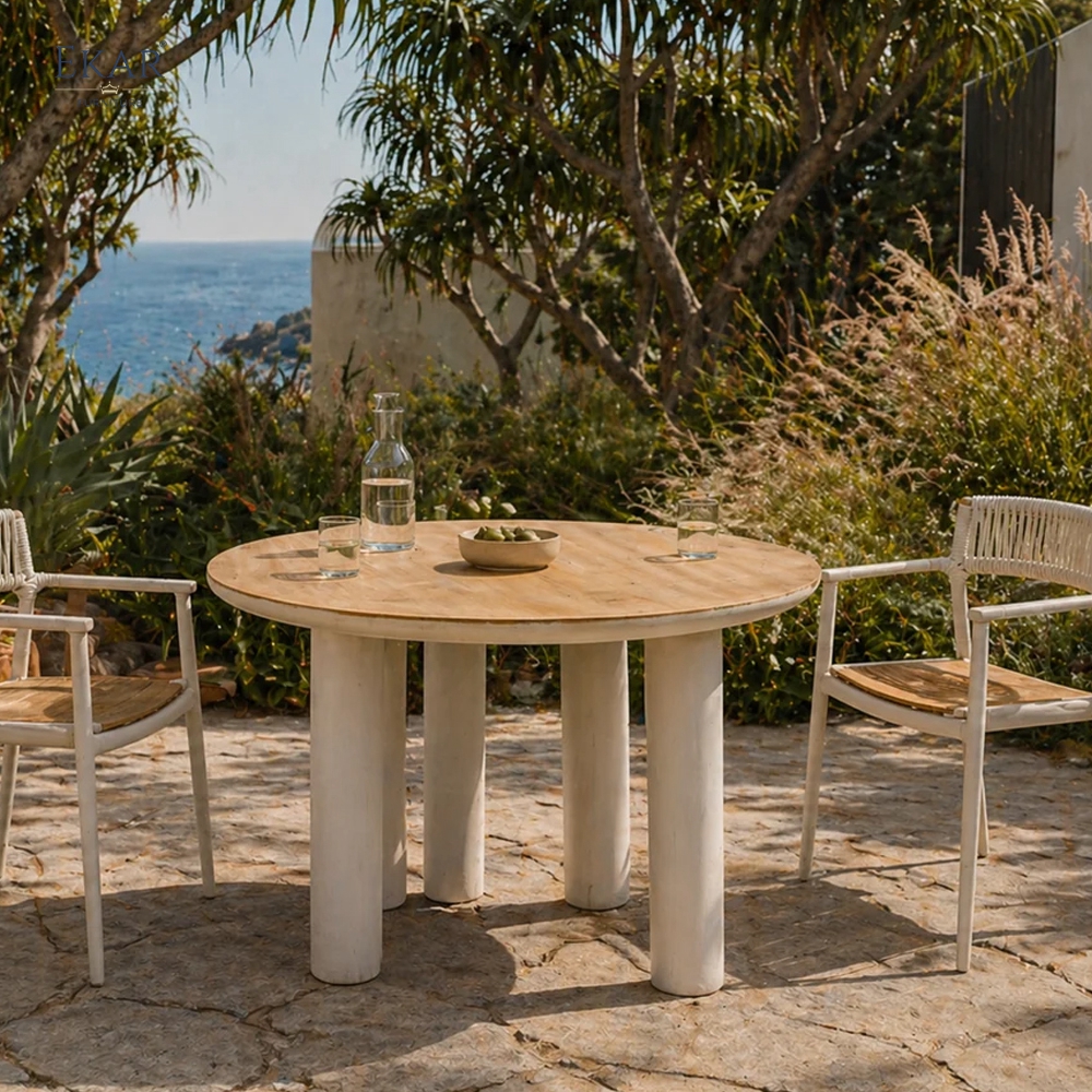Modern Round Aluminum Outdoor Dining Table with Slatted Top | EKAR FURNITURE