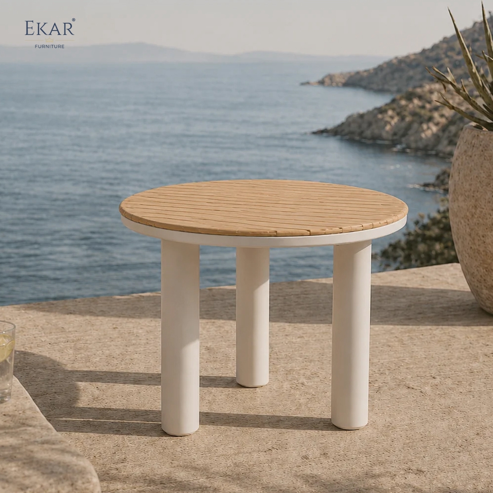 Modern Round Aluminum Outdoor Dining Table with Slatted Top | EKAR FURNITURE