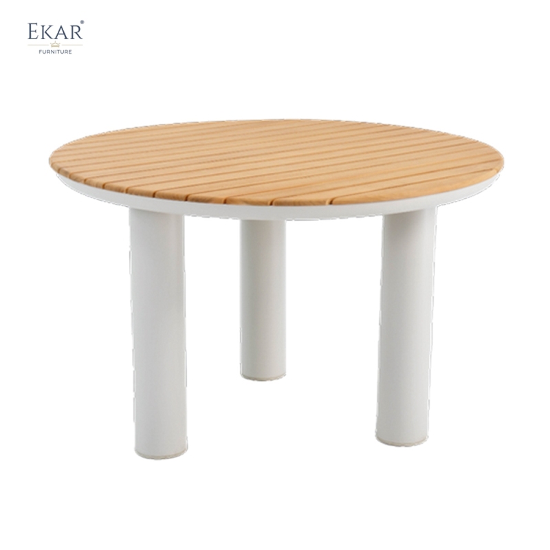 Modern Round Aluminum Outdoor Dining Table with Slatted Top | EKAR FURNITURE