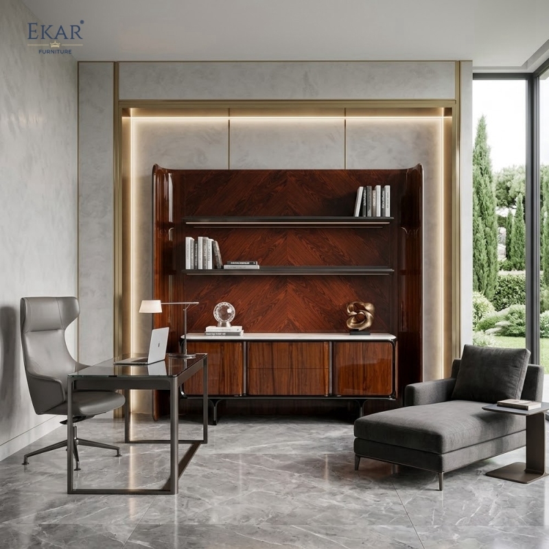 Luxury Wood Veneer Bookcase and Low TV Cabinet Set | EKAR FURNITURE