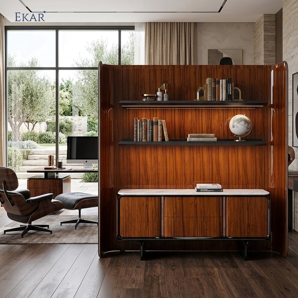 Luxury Wood Veneer Bookcase and Low TV Cabinet Set | EKAR FURNITURE