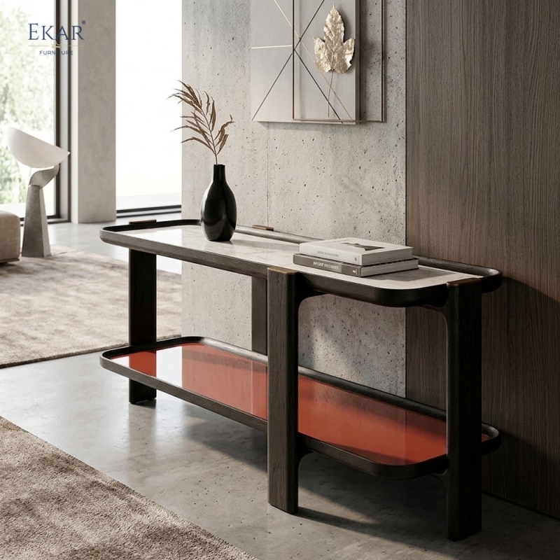 Modern Luxury Two-Tier Console Table with Marble Top and Wood Frame | EKAR FURNITURE