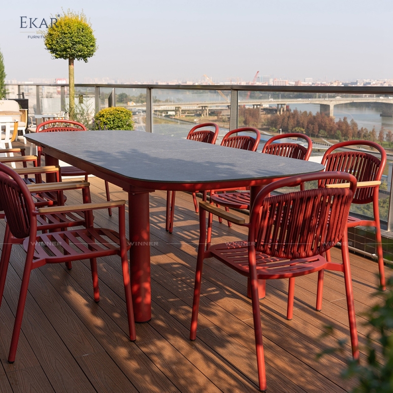 Modern Red Aluminum Outdoor Dining Set with Sintered Stone Tabletop | EKAR FURNITURE