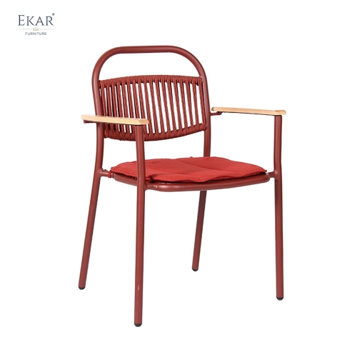 Modern Red Aluminum Outdoor Dining Chair with Teak Armrests | EKAR FURNITURE