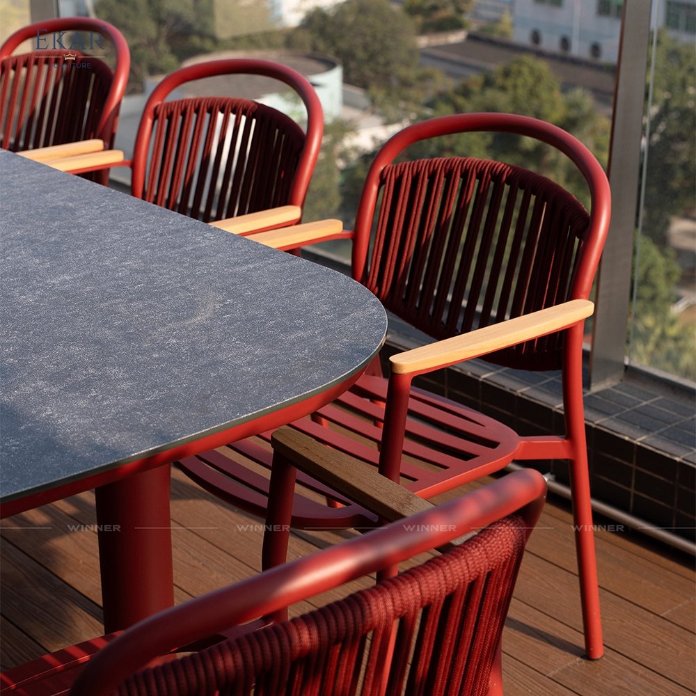 Modern Red Aluminum Outdoor Dining Set with Sintered Stone Tabletop | EKAR FURNITURE