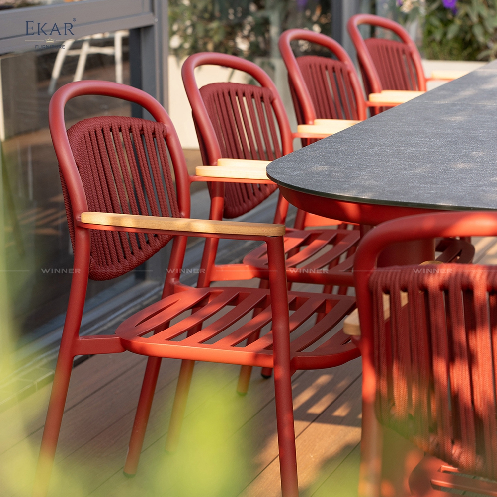 Modern Red Aluminum Outdoor Dining Chair with Teak Armrests | EKAR FURNITURE