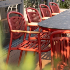 Modern Red Aluminum Outdoor Dining Chair with Teak Armrests | EKAR FURNITURE