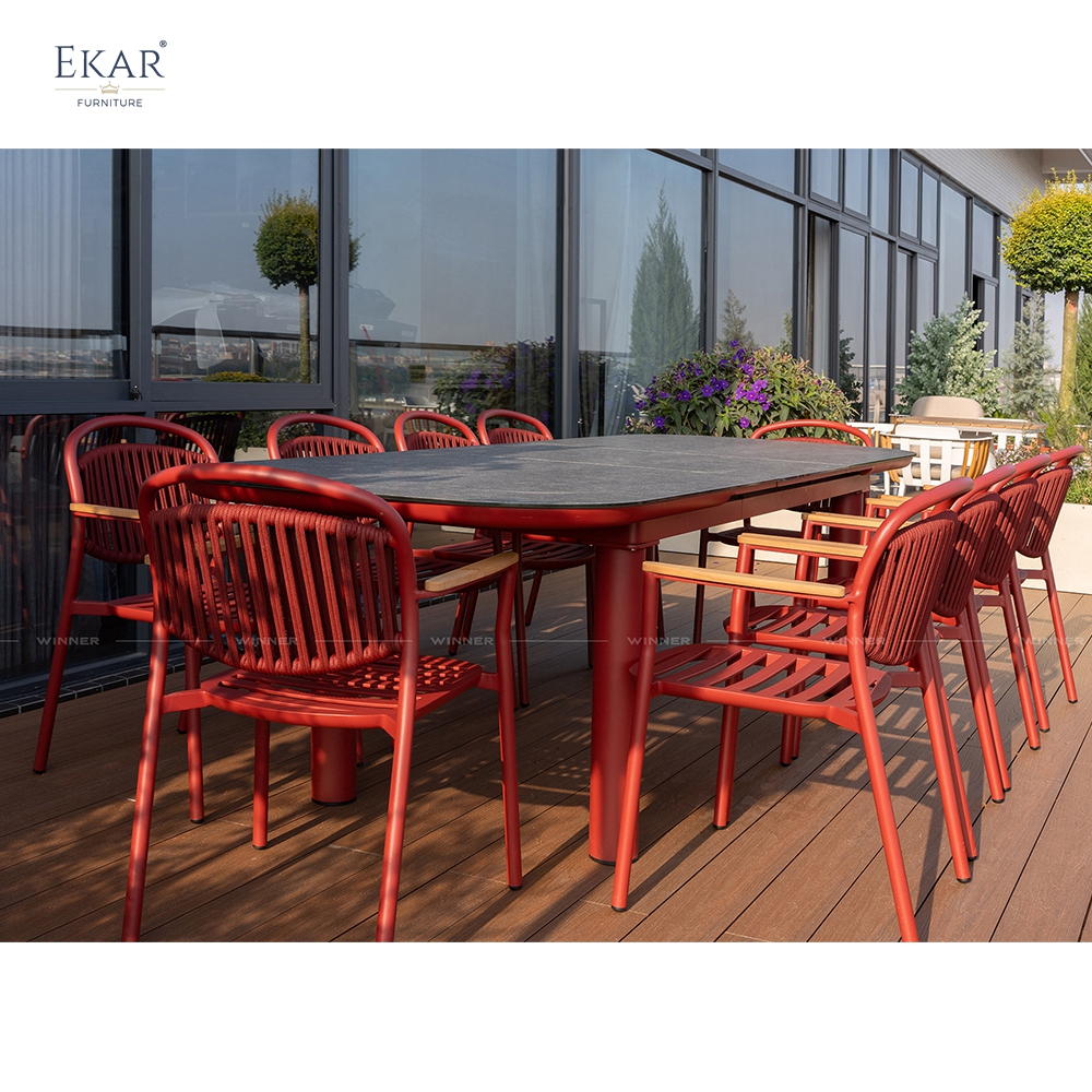 Modern Red Aluminum Outdoor Dining Chair with Teak Armrests | EKAR FURNITURE
