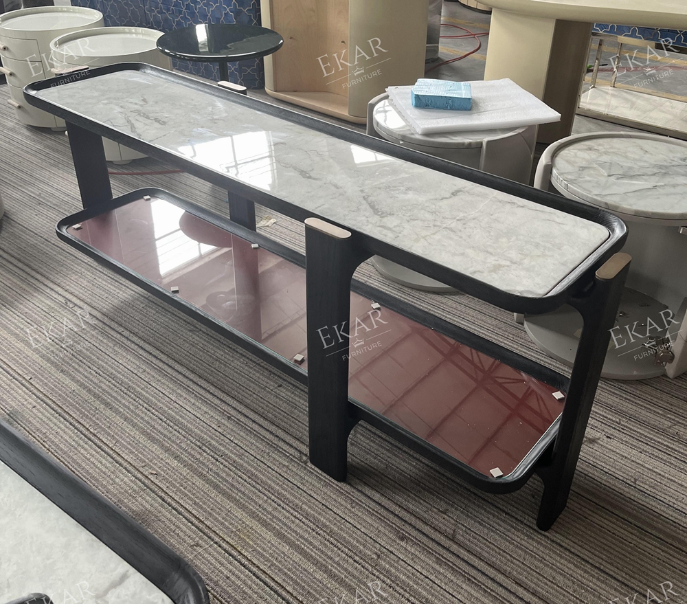Modern Luxury Two-Tier Console Table with Marble Top and Wood Frame | EKAR FURNITURE