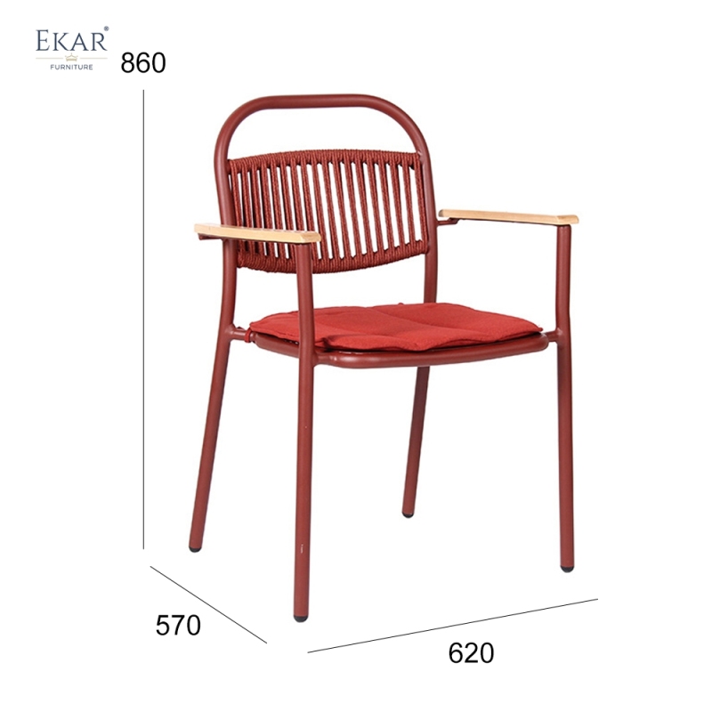 Modern Red Aluminum Outdoor Dining Chair with Teak Armrests | EKAR FURNITURE