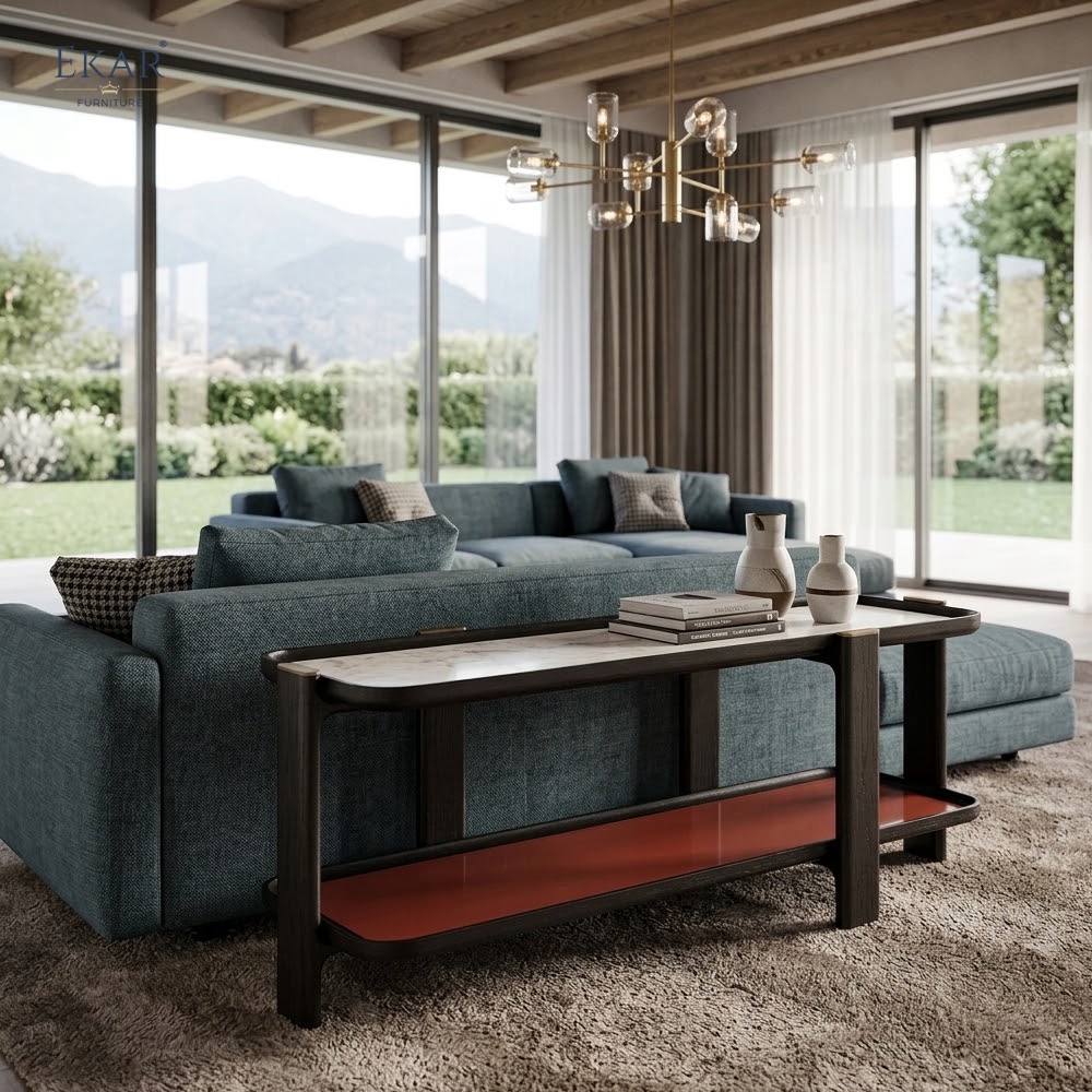 Modern Luxury Two-Tier Console Table with Marble Top and Wood Frame | EKAR FURNITURE