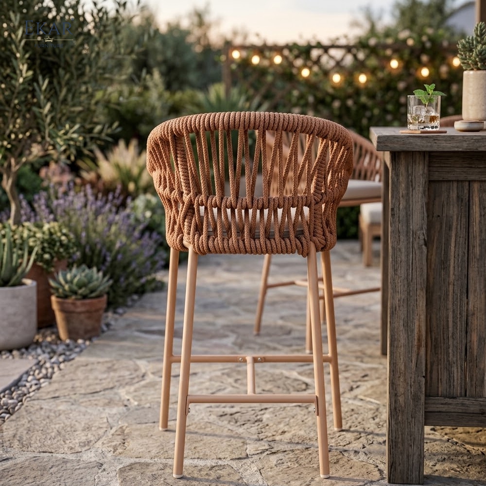 Modern Aluminum Outdoor Bar Chair with Hand-Woven Rattan-Style Backrest | EKAR FURNITURE