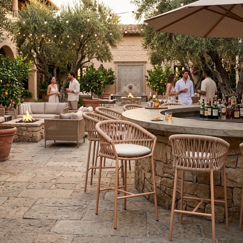 Modern Aluminum Outdoor Bar Chair with Hand-Woven Rattan-Style Backrest | EKAR FURNITURE