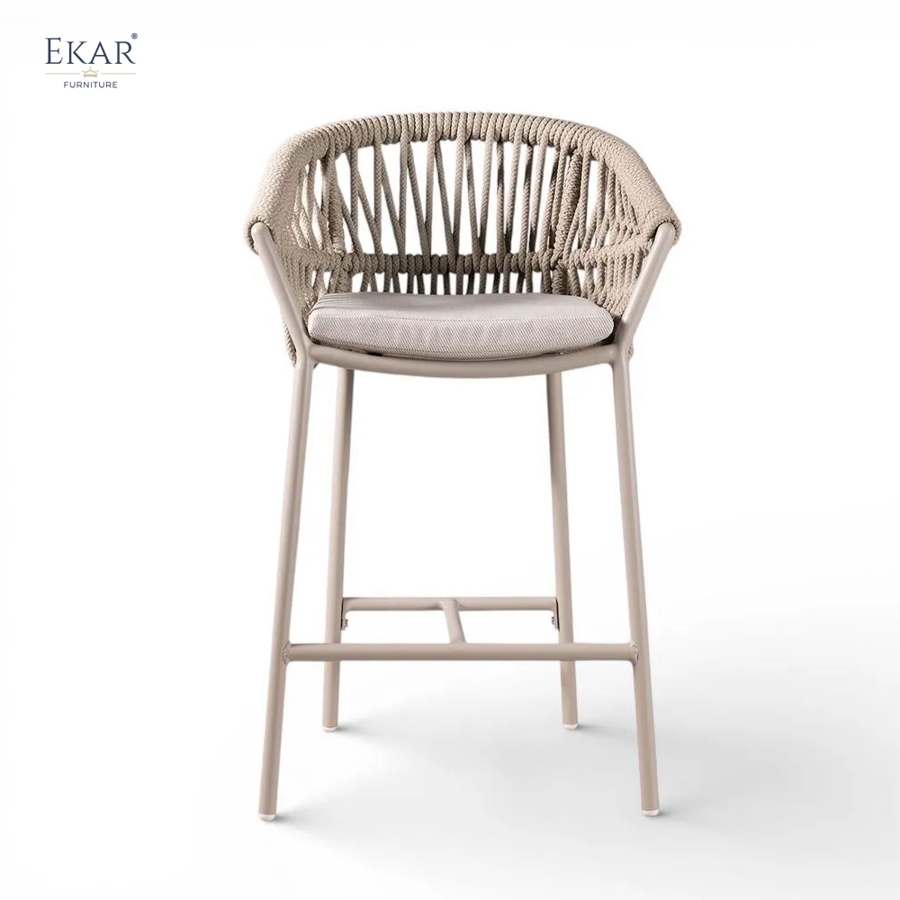 Modern Aluminum Outdoor Bar Chair with Hand-Woven Rattan-Style Backrest | EKAR FURNITURE