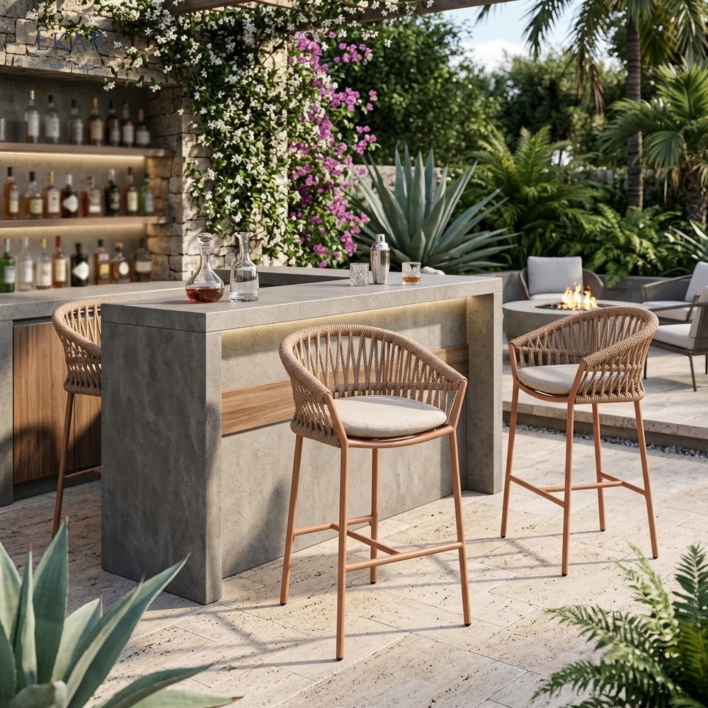 Modern Aluminum Outdoor Bar Chair with Hand-Woven Rattan-Style Backrest | EKAR FURNITURE