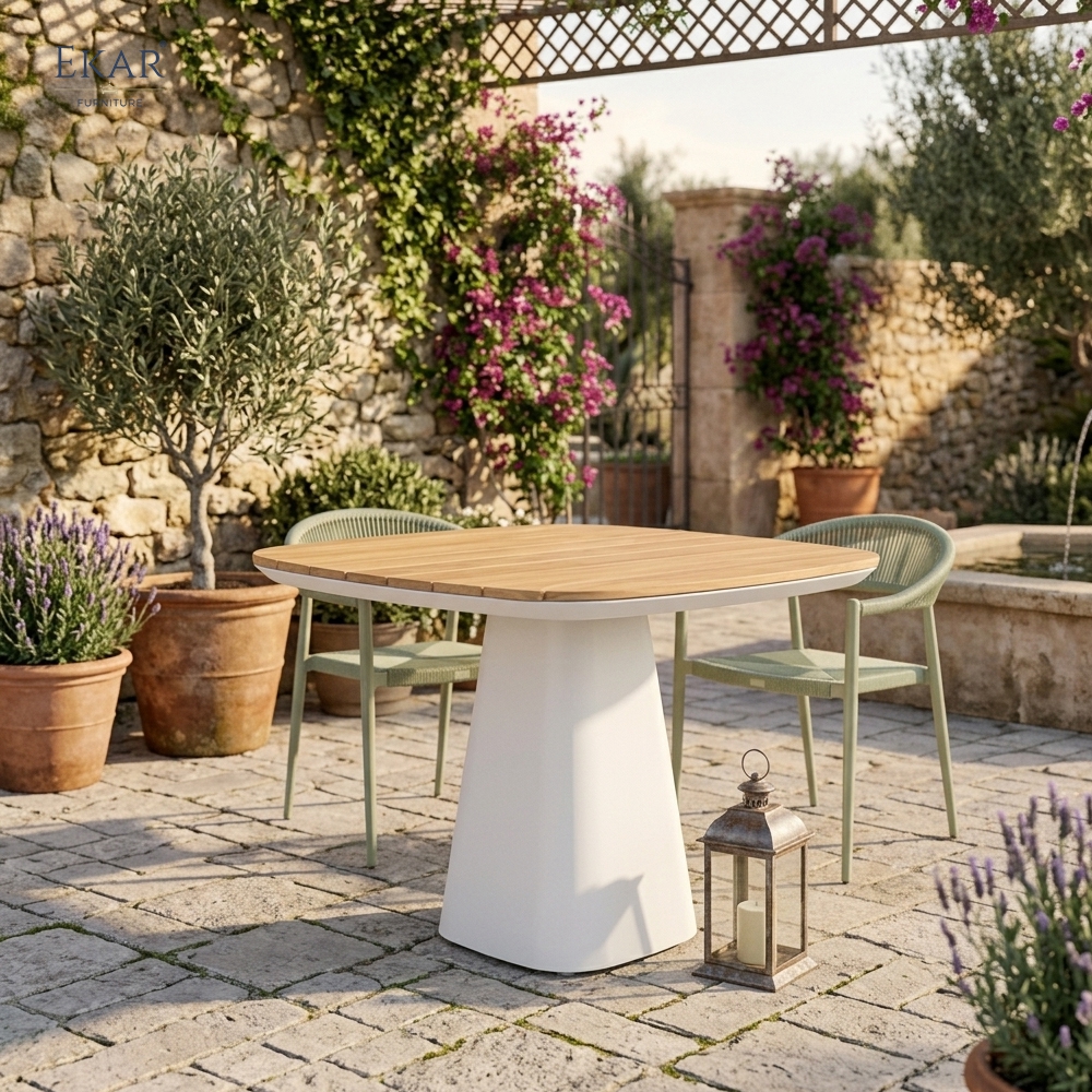 Modern Square Outdoor Pedestal Dining Table with Slatted Teak Wood Top | EKAR FURNITURE