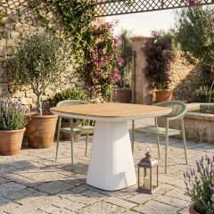Modern Square Outdoor Pedestal Dining Table with Slatted Teak Wood Top | EKAR FURNITURE