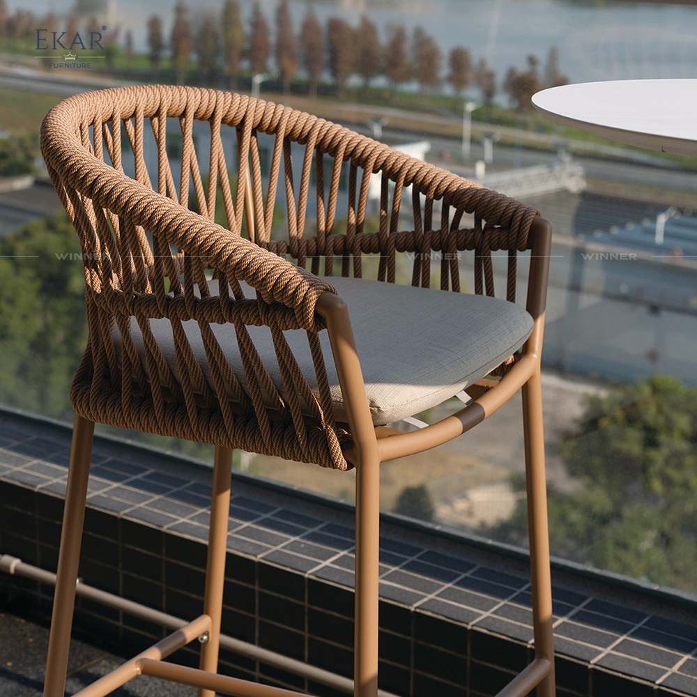 Modern Aluminum Outdoor Bar Chair with Hand-Woven Rattan-Style Backrest | EKAR FURNITURE