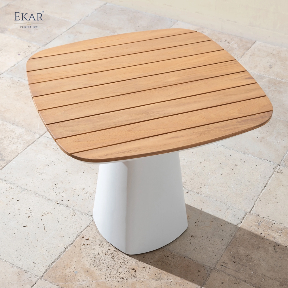 Modern Square Outdoor Pedestal Dining Table with Slatted Teak Wood Top | EKAR FURNITURE