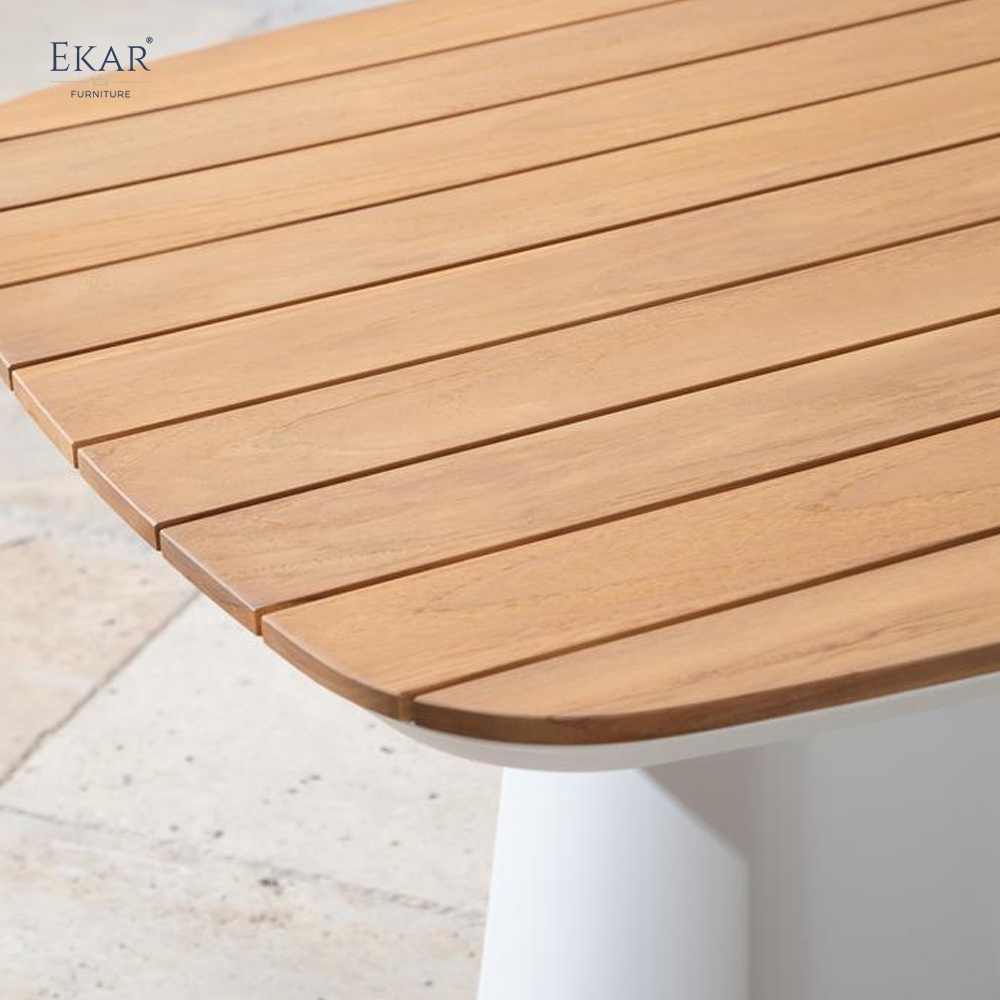 Modern Square Outdoor Pedestal Dining Table with Slatted Teak Wood Top | EKAR FURNITURE