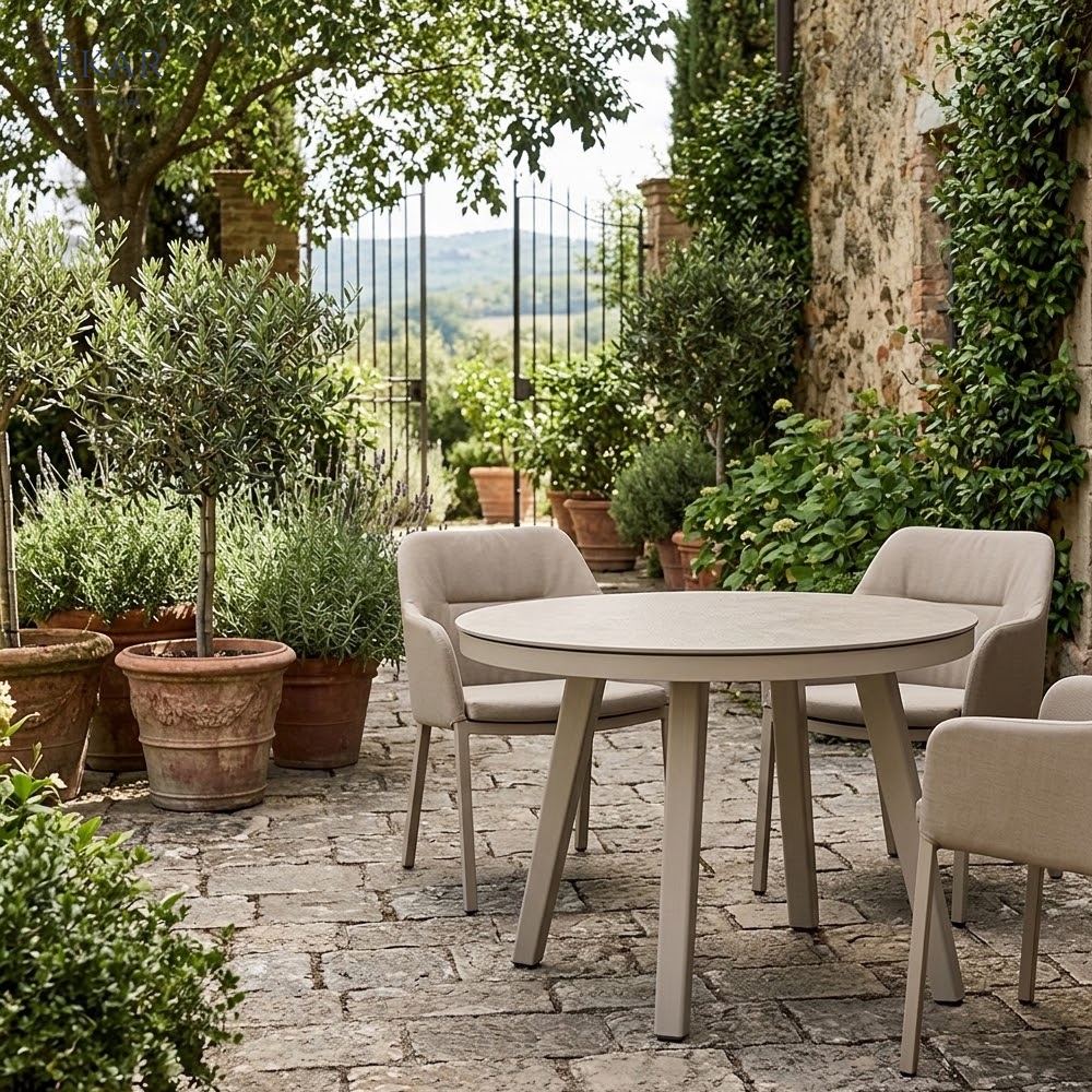 Modern Round Aluminum Outdoor Dining Table for Patios and Gardens | EKAR FURNITURE