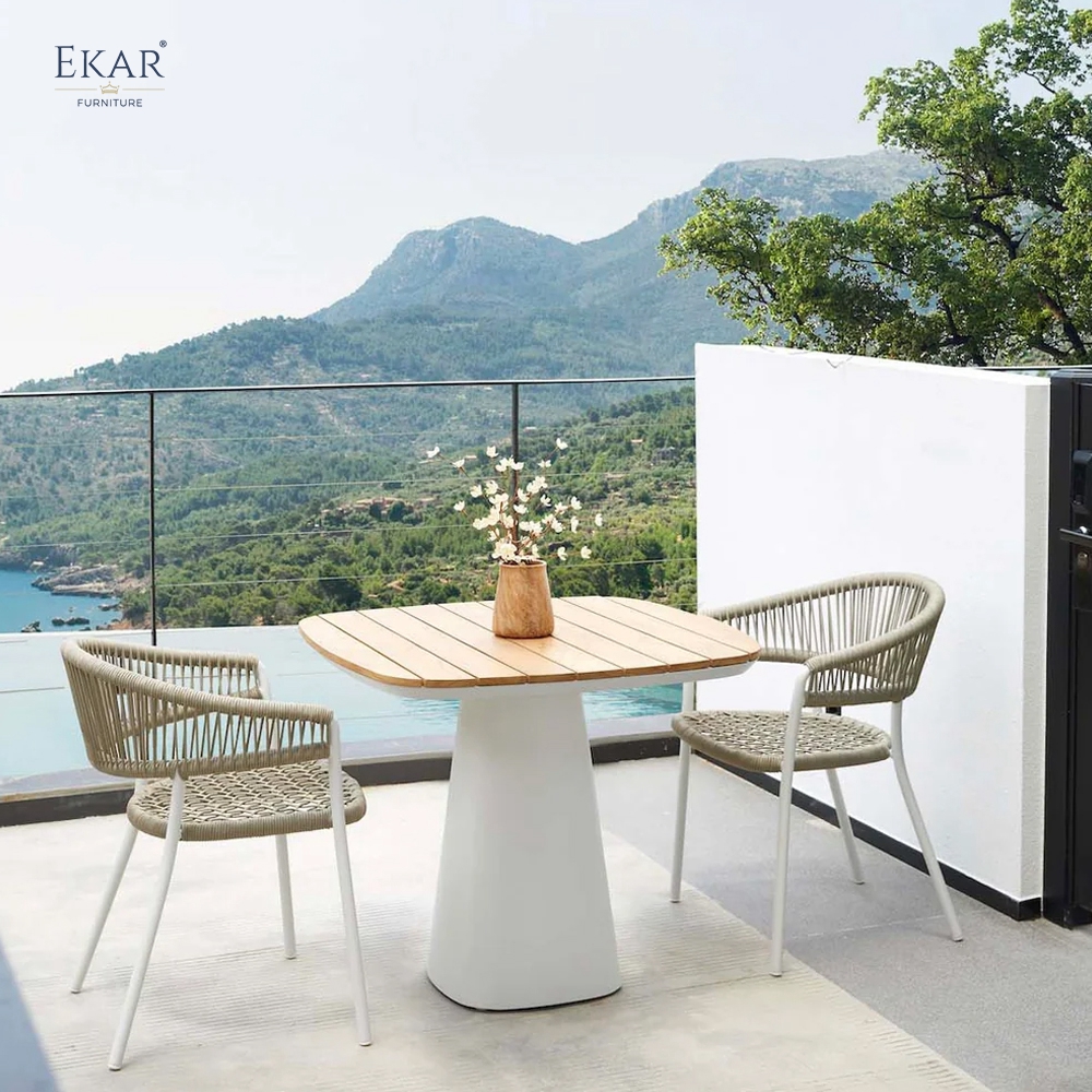 Modern Square Outdoor Pedestal Dining Table with Slatted Teak Wood Top | EKAR FURNITURE