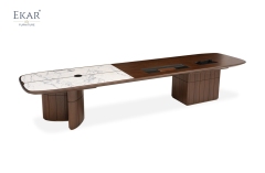 EKAR Modern Japandi Light Wood Executive Meeting Table with Marble Inlay & Tea Station