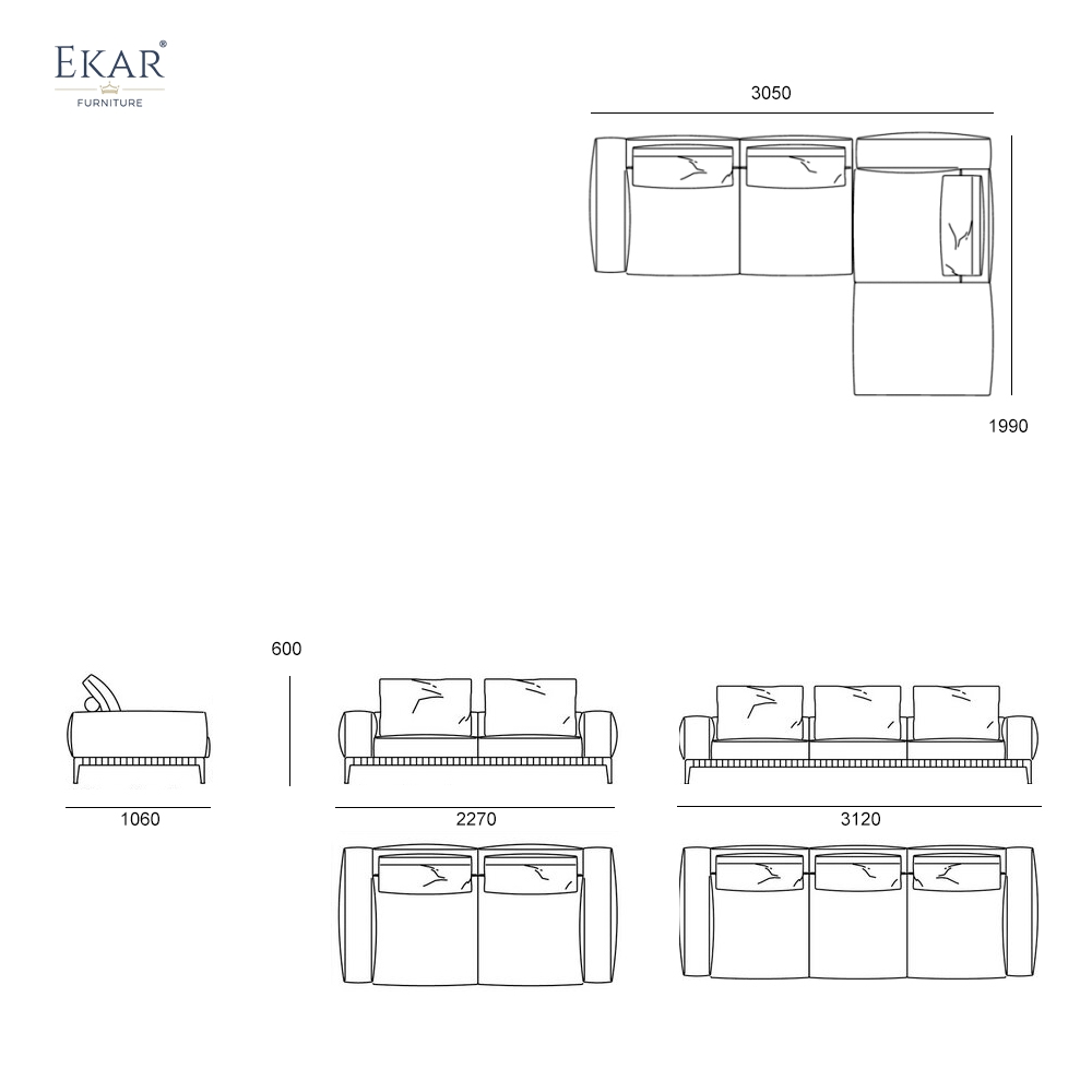 EKAR Modern Minimalist Modular Sofa - Leather Strap Detail Sectional