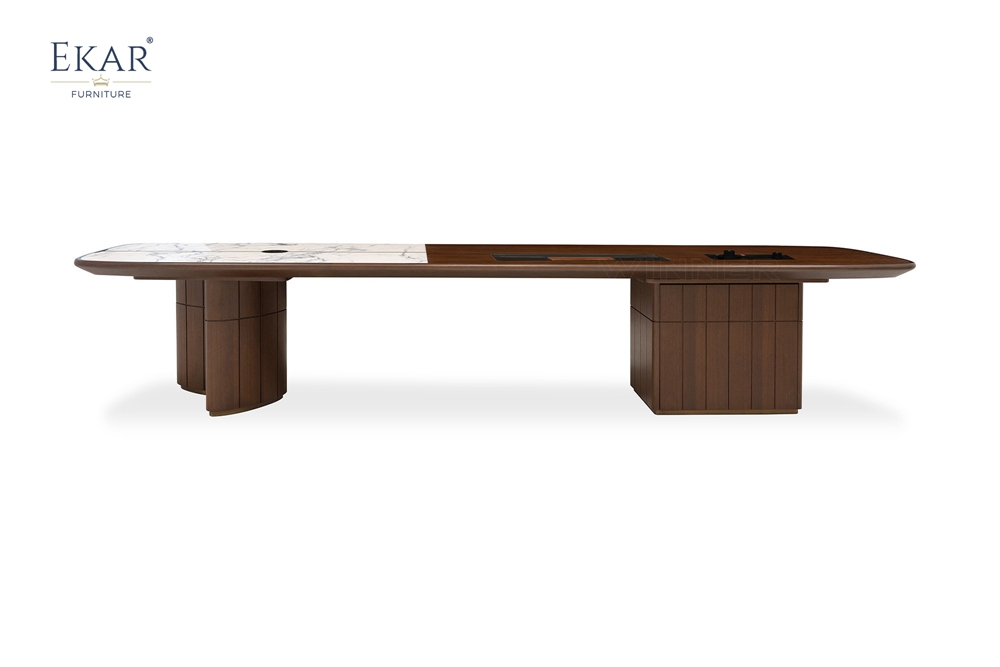 EKAR Modern Japandi Light Wood Executive Meeting Table with Marble Inlay & Tea Station